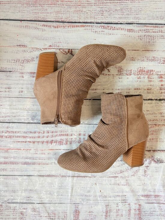Maurices Shoes - Maurices Taupe Suede Perforated Block Heel Ankle Booties Size 8 Comfortable